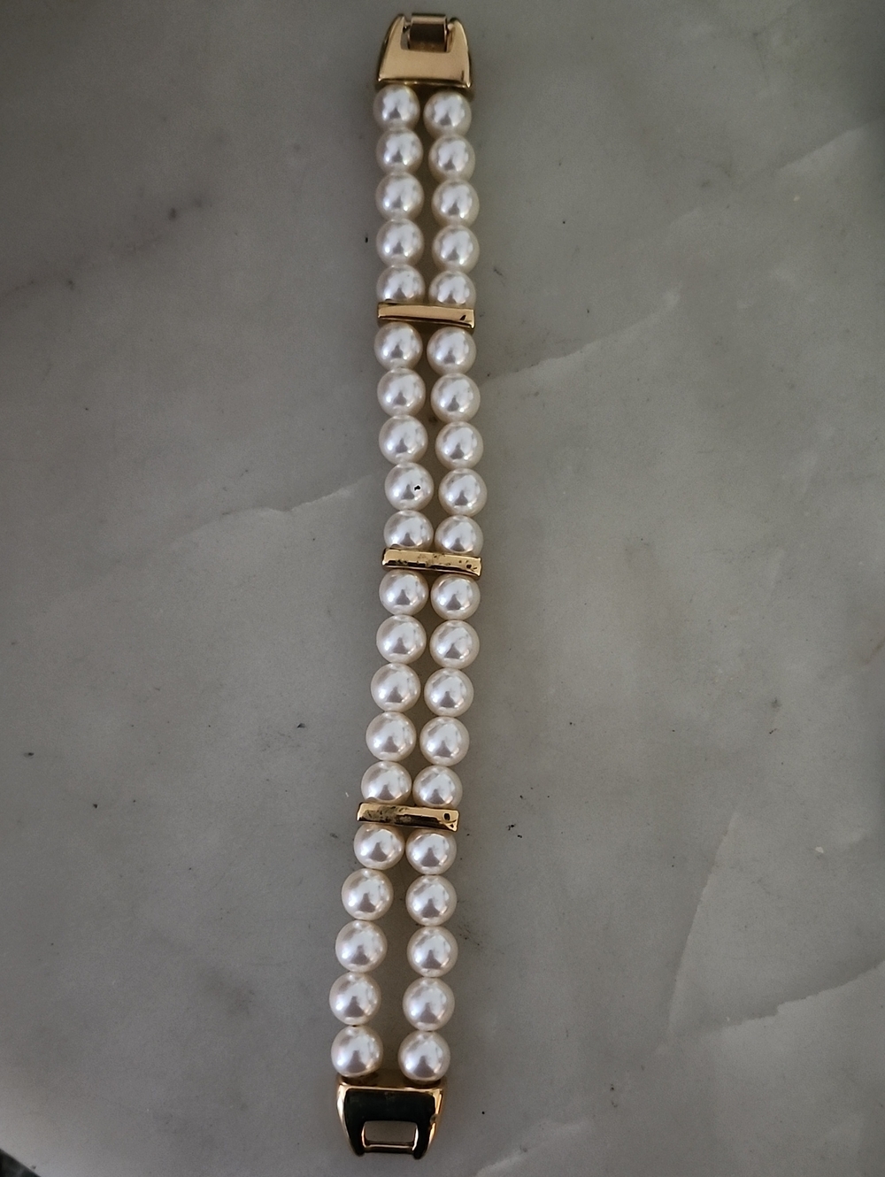 Classic Gold Tone White Faux Pearl Double-Row Bracelet